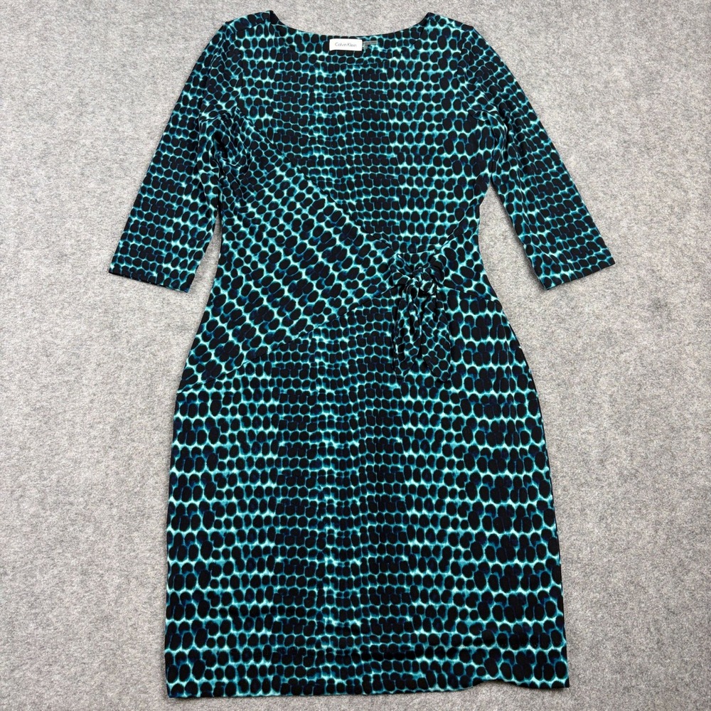 Calvin Klein Dress Womens 6 Teal Blue Black Animal Print Faux‎ Wrap Sheath 3/4